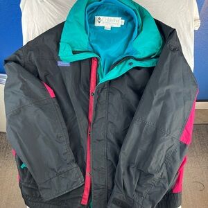 Vintage Columbia Black Jacket with Teal and Pink Accents